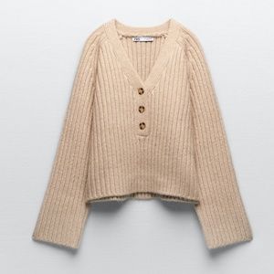 Zara sand cream ribbed knit V-neck touch of alpaca sweater NWT
